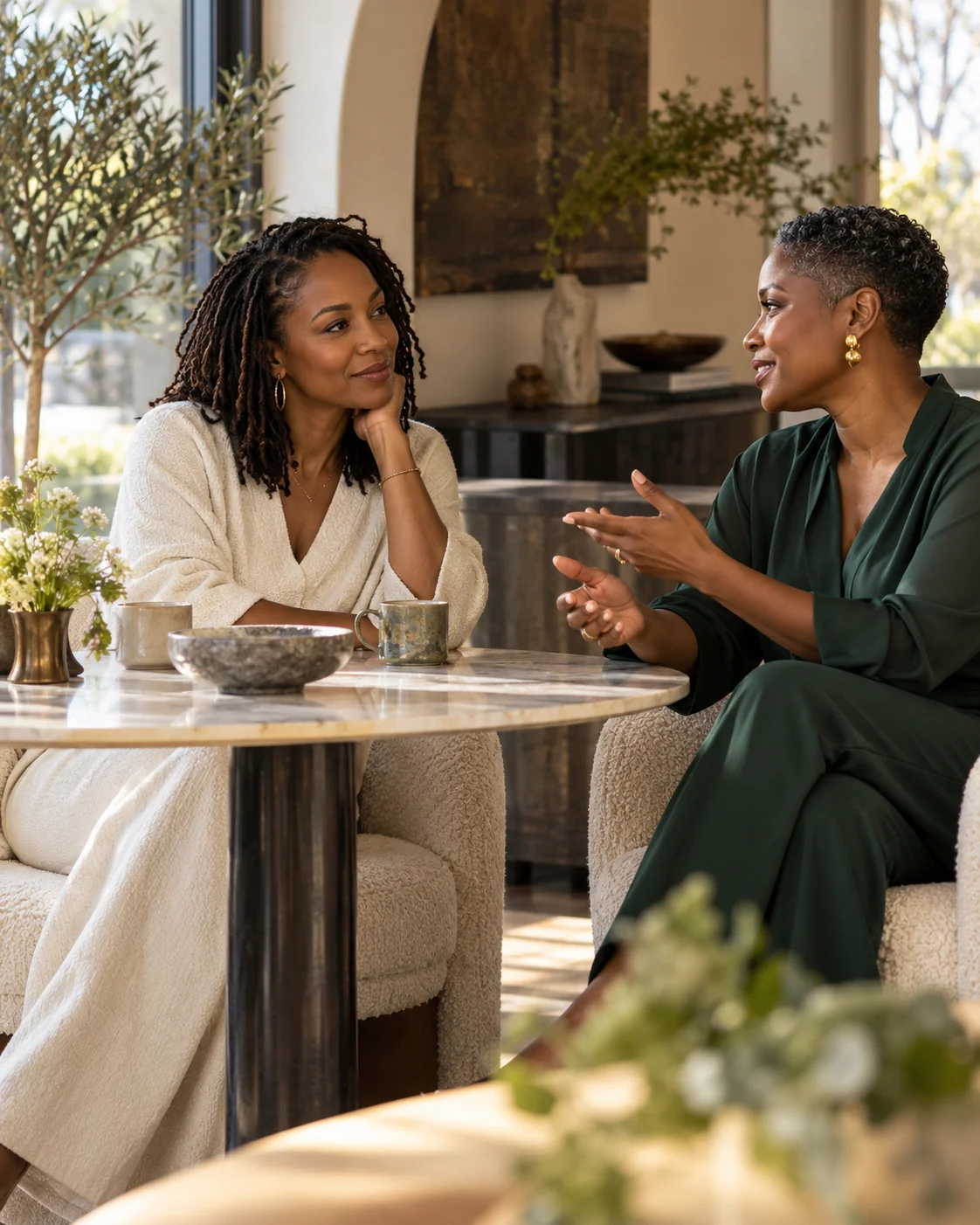Two women sharing a thoughtful conversation in a light-filled room
