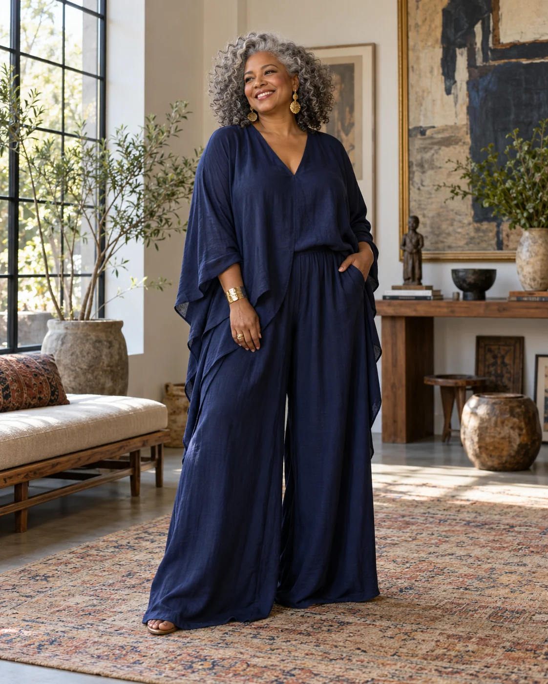 A woman with silver curls in an indigo outfit, smiling near a window