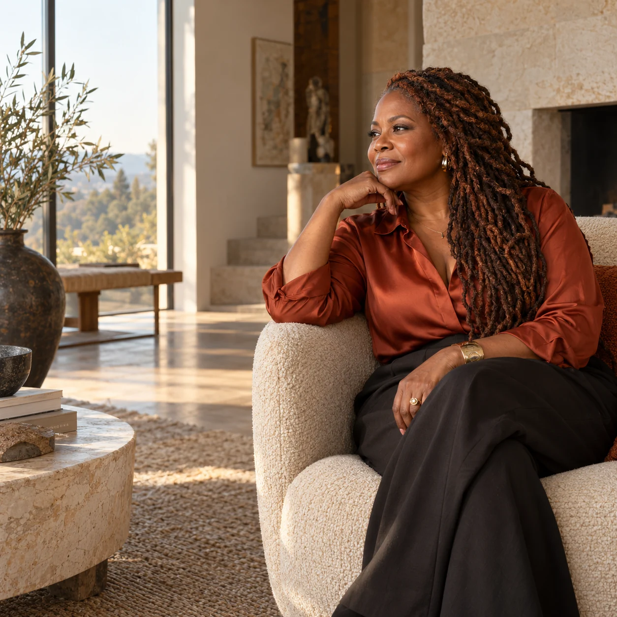 A woman with auburn locs resting comfortably in a sunlit room